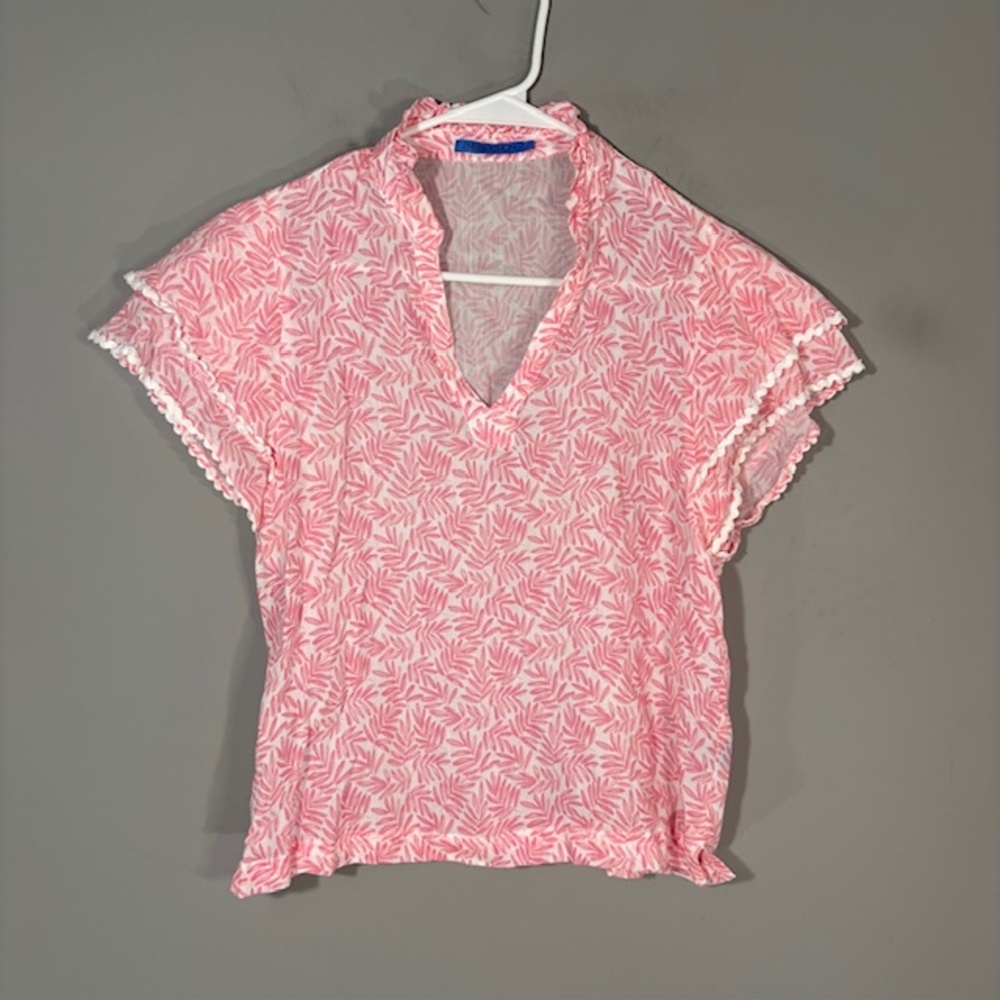 J. McLaughlin Blouse Womens Small Pink Floral Sheer Ruffle Kimono Sleeve Top